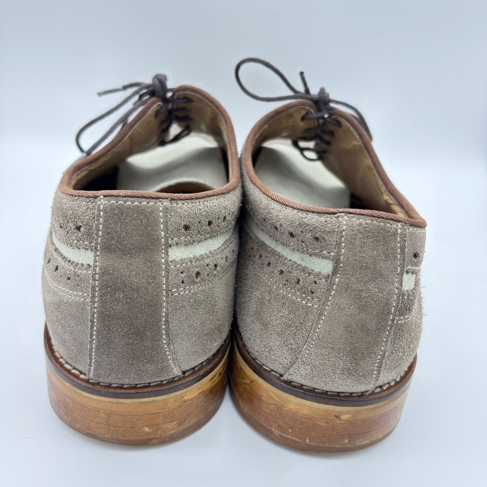 Johnston & Murphy Mens 13 Suede Wingtip Oxford Shoes Taupe Cream Brogue Preppy - Picture 4 of 11